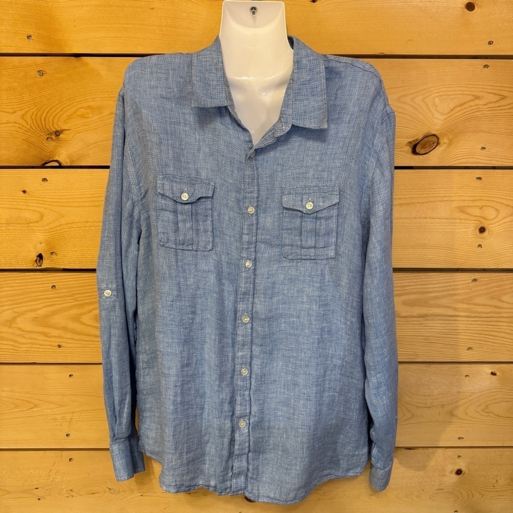 Murano Baird McNutt Men’s Blue Linen Slim Fit Button Down Shirt Size XL - Picture 10 of 10